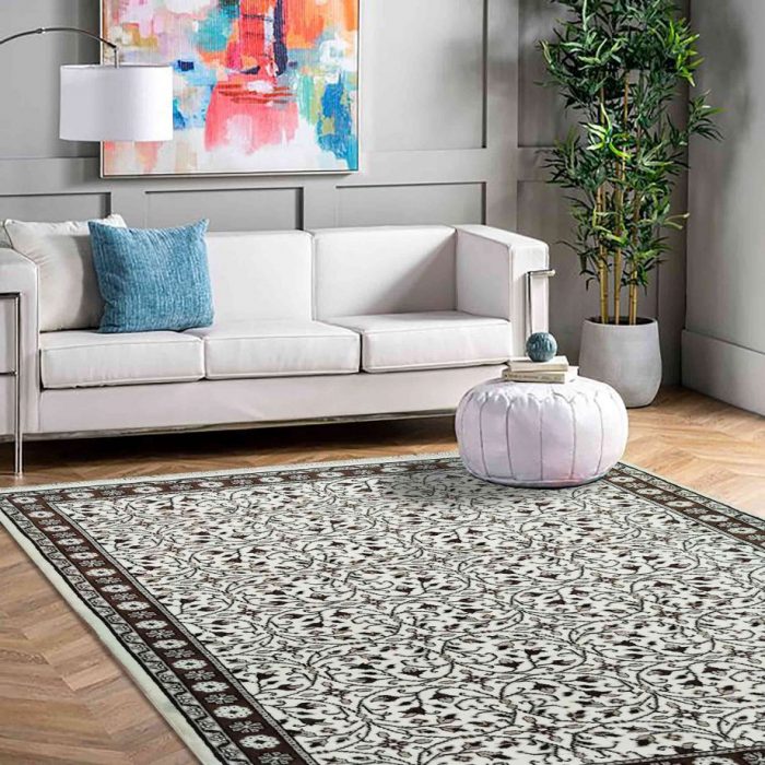 White base flower design handknotted woollen carpet by home decor centro