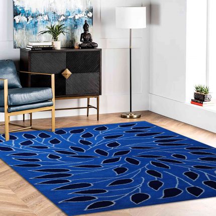 Navy blue leave pattern blue handtufted woolen carpet