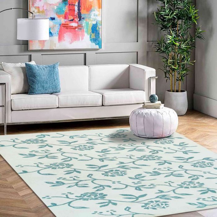 Cream blue flower design handtufted woollen carpet by home decor centro
